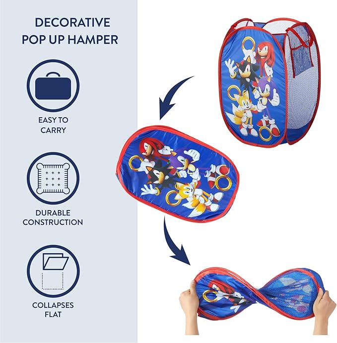 Sonic the Hedgehog Pop Up Hamper with Durable Carry Handles for Laundry, Nursery, Storage, 21'' H x 13.5'' W X 13.5'' L