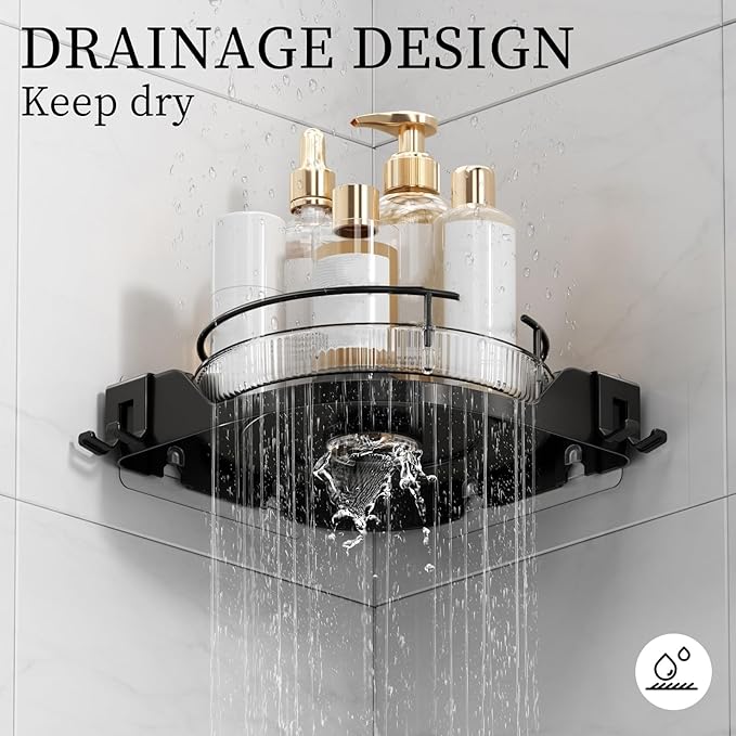 360° Rotating Corner Shower Caddy (2-Pack) - Lazy Susan Bathroom Organizer with Hooks, No-Drill Adhesive Mount for Shower, Kitchen, RV, Space-Saving ABS Plastic Shower Shelf