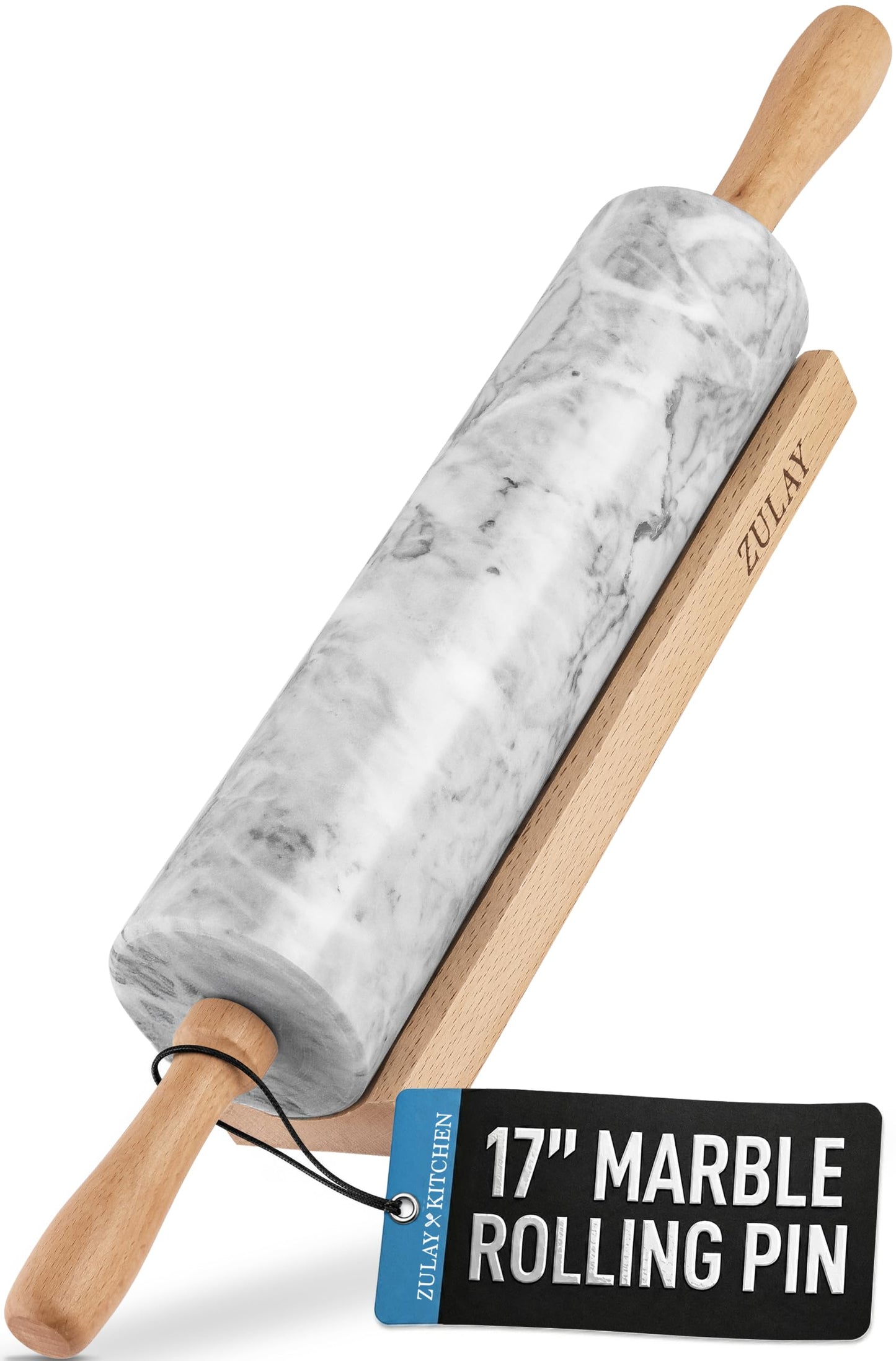 Zulay Kitchen 17-Inch Marble Rolling Pin With Stand - Polished Marble Rolling Pins For Baking With Long Beechwood Handle - Non-stick Roller Pin For Baking Pastries, Bread & Pizza