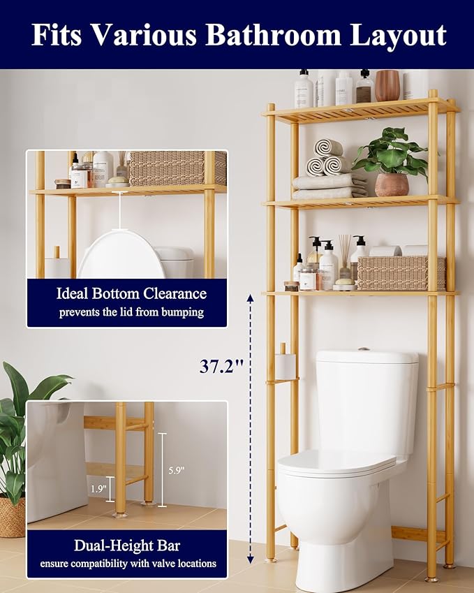 Kitsure 3-Tier Bamboo Over The Toilet Storage Cabinet, Bathroom Organizer and Above Toilet Shelf with Paper Holder, Freestanding Space Saving Rack with Wall Anchor, Natural (63” H)