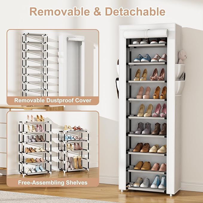 Shoe Rack with Cover Narrow Shoe Rack Organizer with 4 Side Pockets 10 Tier Tall Shoe Storage Shoe Shelf Holds 18-22 Pairs Shoes and Boots Shoe Rack for Closet, White