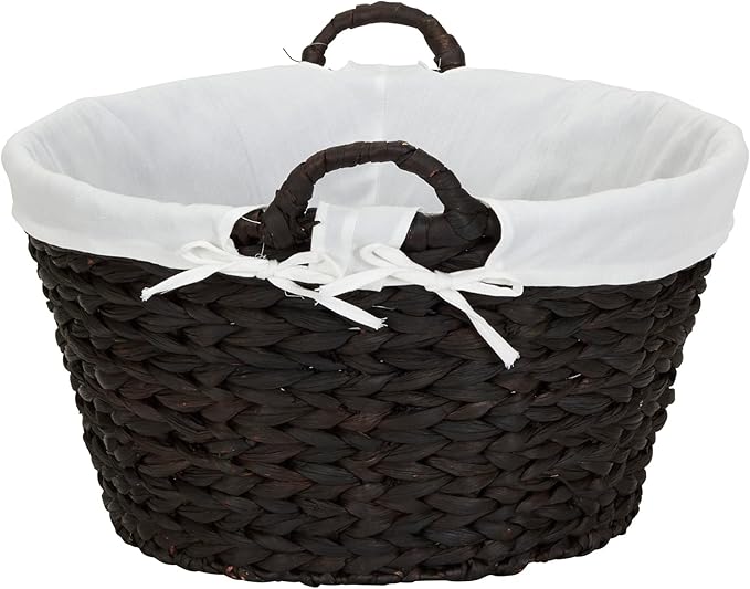 Household Essentials Round Wicker Laundry Basket with Handles, Whimsical Water Hyacinth Basket, Supportive Metal Frame, Removable Polyester Liner, Handwoven, Well-Structured and Versatile, Brown