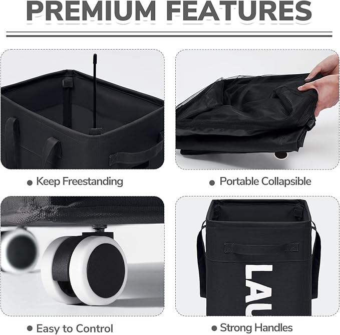 CHICVITA 75L Slim Laundry Hamper with Wheels and Removable Wash Bag, Black Rolling Basket with Handle for Laundry Room