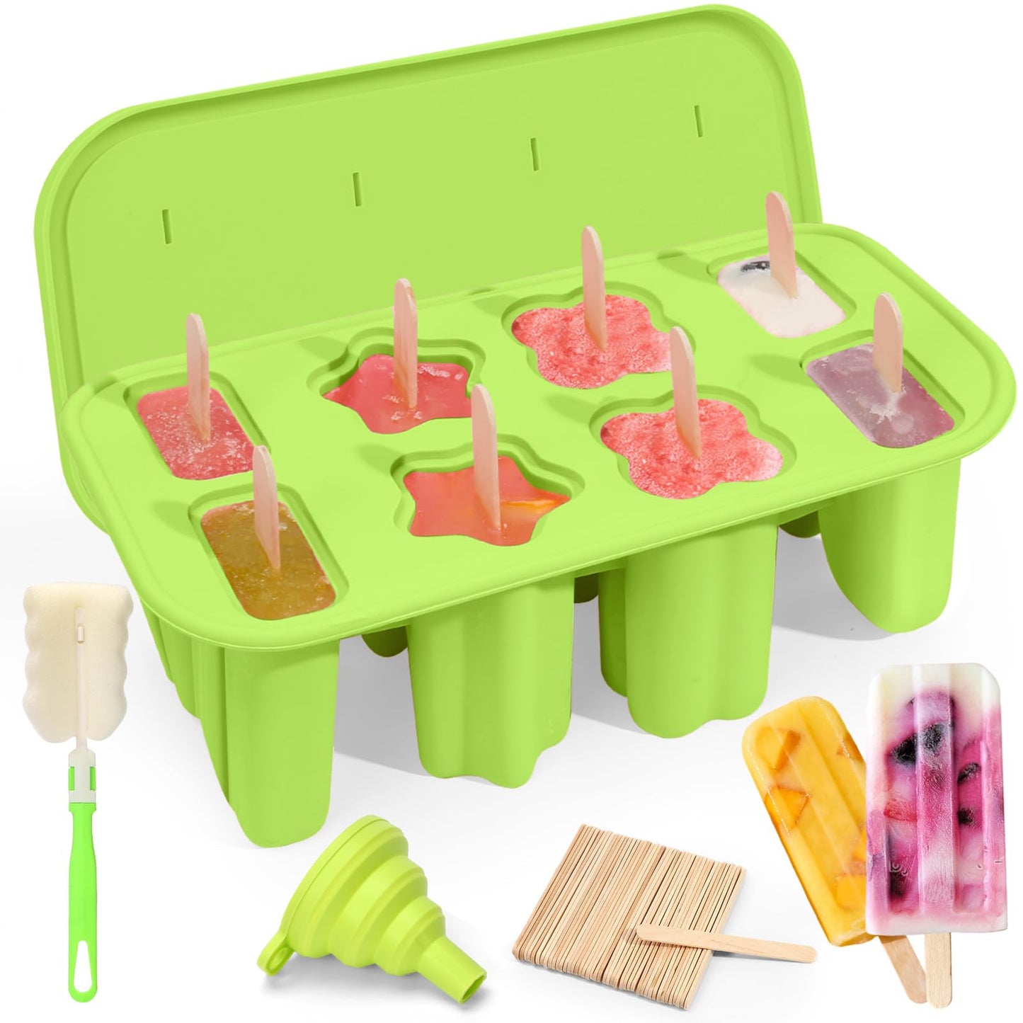 Firstfooby Popsicles Molds, 8-Cavity Silicone Popsicle Molds with 50 Sticks, BPA-Free Ice Pop Mold Popsicle Maker with Funnel & Cleaning Brush for Kids Adult Teens