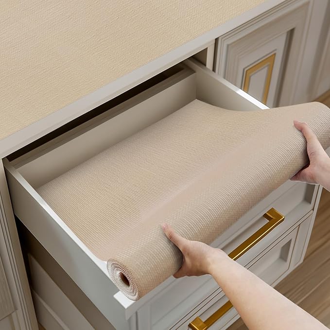 Shelf and Drawer Liner for Kitchen Cabinets Non-Adhesive, Strong Grip Non-Slip Thickened Cabinet Liners for Shelves, Waterproof Mats for Dresser Cupboard, Khaki, 17 in x 20 Feet