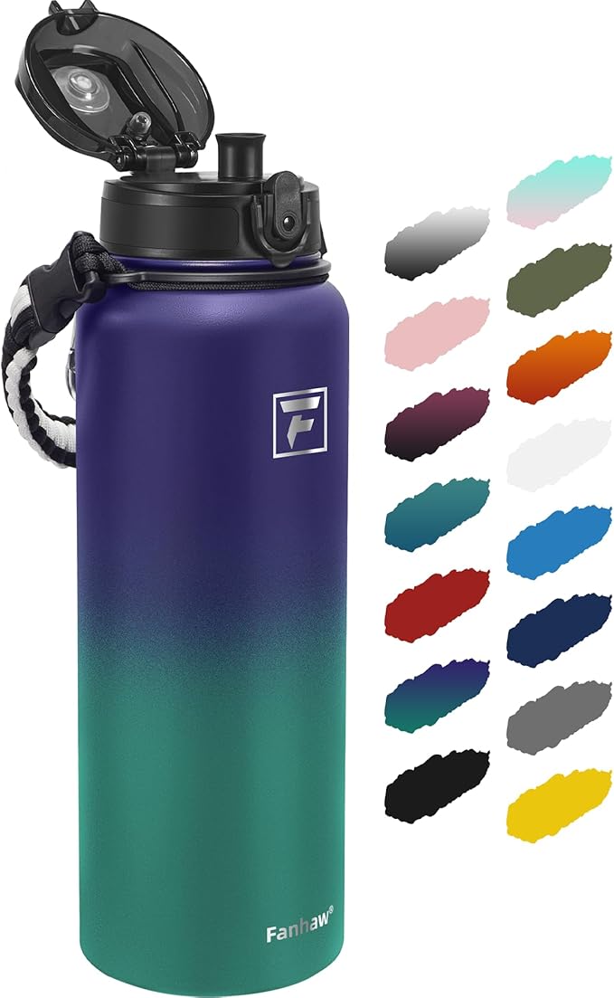 Fanhaw 40 Oz Insulated Stainless Steel Vacuum Water Bottle with Anti-Dust Pop-Open Lid - For Outdoor, Women, Men | Leak & Sweat Proof (Purple Green)