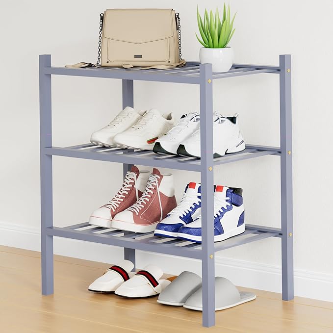 Smiry Shoe Rack, 3 Tier Small Bamboo Shoe Organizer, Stackable Free Standing Wooden Shoe Storage Shelf for Closet, Entryway, Front Door Entrance, Grey