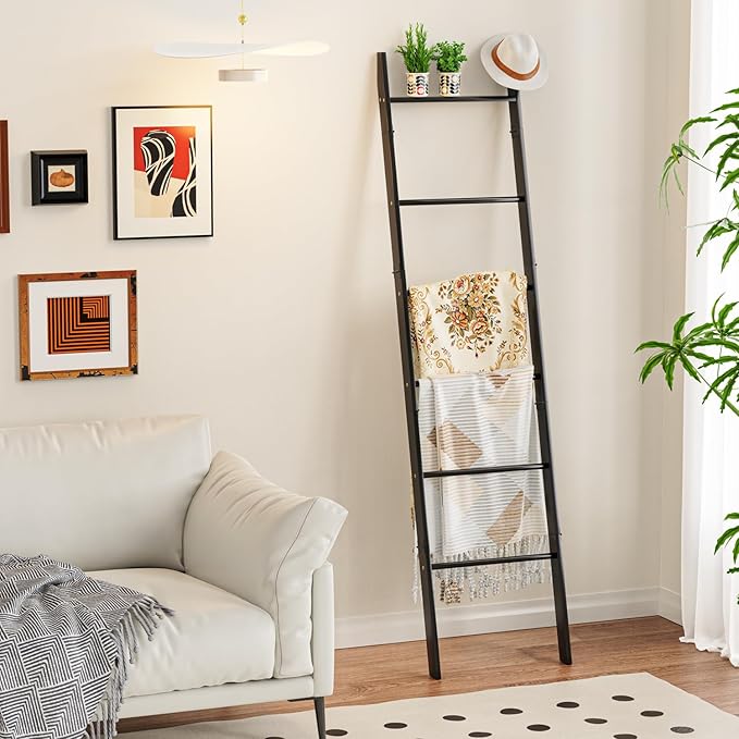 BAMBANG 6-Tier Blanket Ladder for Living Room, Blanket Quilt Ladder Rack Rustic Decorative Towel Holder, Wall Leaning Blanket Ladder Shelf Storage Farmhouse Decor for Bedroom Bathroom, Black