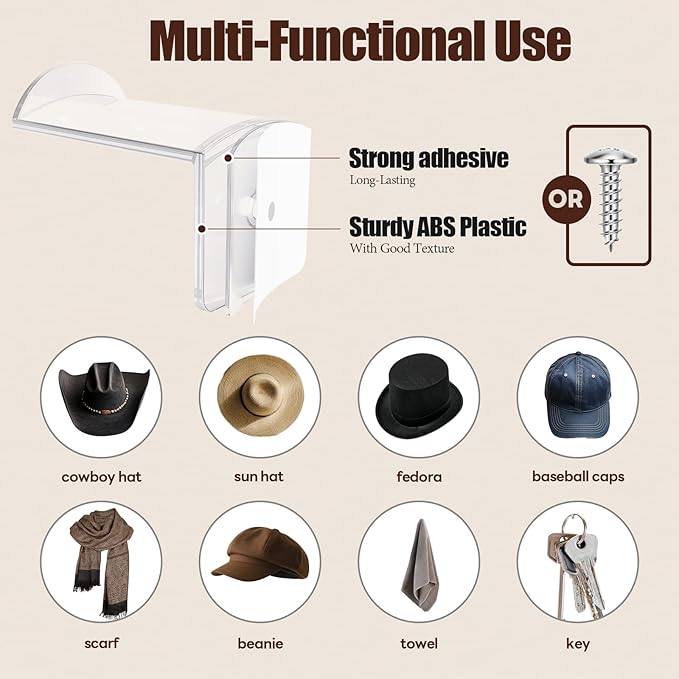2.8 Inch Hat Hooks for Wall - (16 Pack) Cowboy Hat Rack, Strong Adhesive Cap Holder, Organizer for Baseball Caps, Western Room Decor - Clear