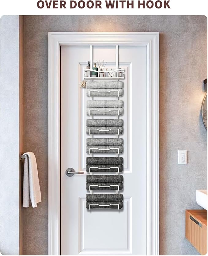 Hanging Towel Racks for Bathroom No Drill - Over The Door 8-Tier Bath Towel Storage Organizer for Small Bathrooms - Back Door Large Tiered Towel Holder Hanger for Rolled Towels RV Camper White