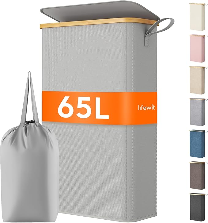 Lifewit 65L Slim Laundry Hamper with Lid, Narrow Laundry Basket with Removable Bag & Bamboo Handles, Fodable Thin Dirty Clothes Hamper for Laundry Collapsible Bin for Bathroom Bedroom Dorm,Silver Grey