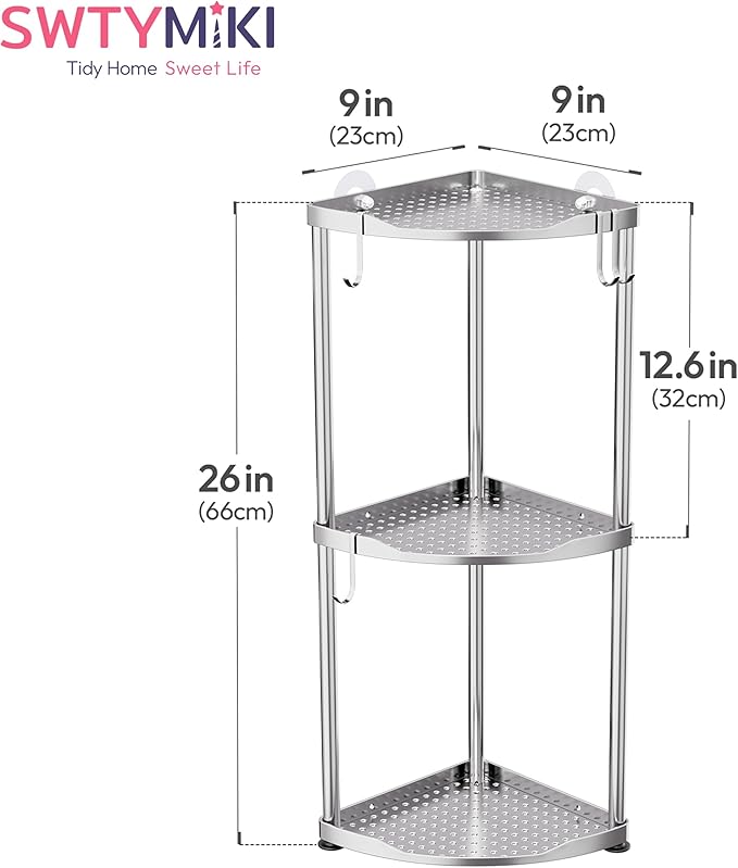 SWTYMIKI Corner Shower Caddy Standing - 3 Tier Stainless Steel Shower Organizer Stand, Large Capacity Floor Shelf with 4 Hooks, Rustproof Bathroom Storage Rack,Silver
