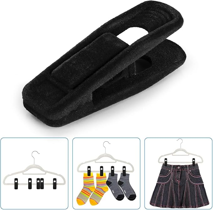 Tinfol 80pc Velvet Hanger Clips, Black Pants Velvet Clips, Large Opening Clothes Pin Hanger Clip, Strong Finger Flocked Clip Perfect for Slim-line Clothes Velvet Hangers