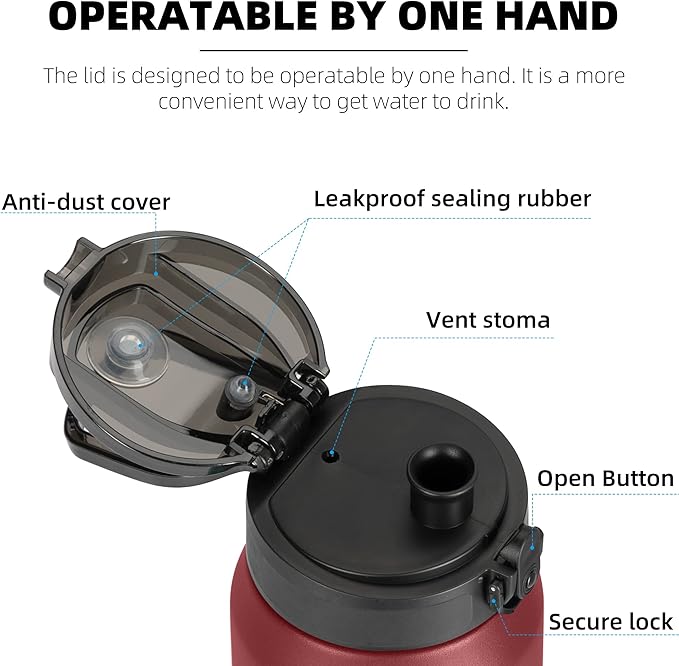 Fanhaw 24 oz Insulated Stainless Steel Water Bottle with Anti-Dust Chug Lid, Leakproof Vacuum Metal Bottle for Kids, Women & Men (Red Black)