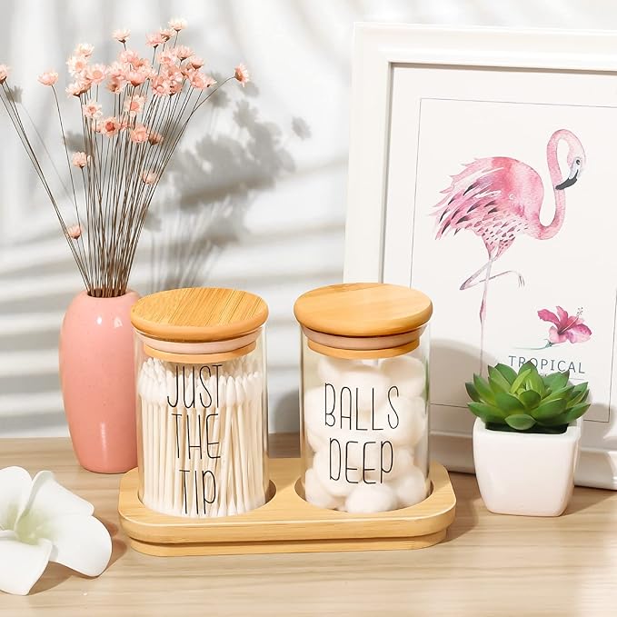 Funny Qtip Holder Dispenser 2 Pack Glass Apothecary Jars Canisters with Tray, Cotton Ball Qtip Holder Bathroom Set with Bamboo Lids for Cotton Swab Farmhouse Bathroom Storage Organization