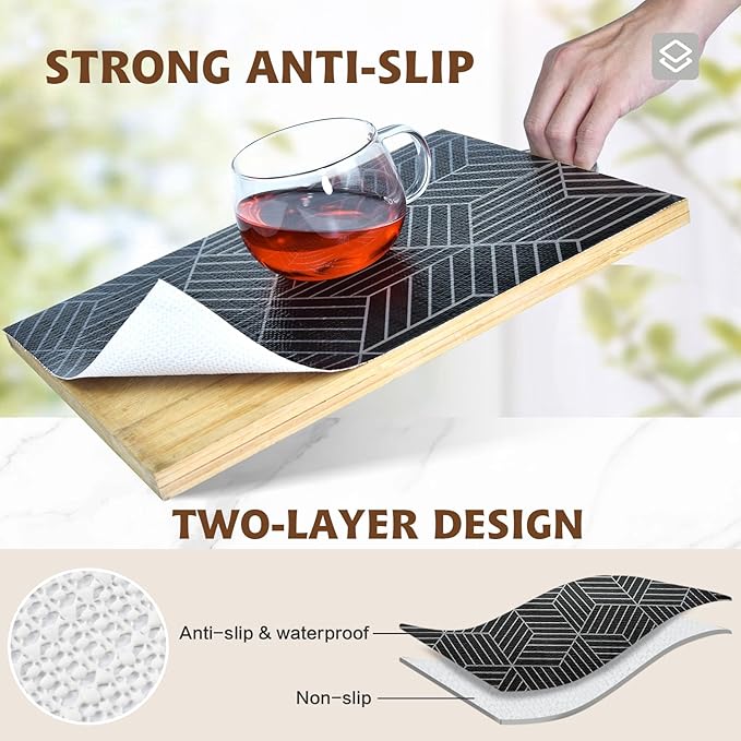 Shelf Liners for Kitchen Cabinets 17.3in x 20FT, Non Adhesive Cabinet Liner Strong Non-Slip Black and Silver Geometric Drawer Liner, Easy to Clean for Cabinet with Knife and Tape Measure