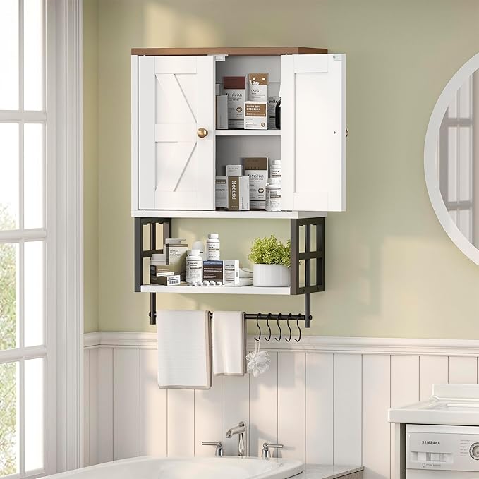 Farmhouse Medicine Cabinet - 3-Tier Wall Mounted Storage Organizer with Adjustable Shelves, Towel Bar, 5 Hooksfor Small Bathroom, Laundry Room, Over Toilet, Living Room, Bedroom (White)