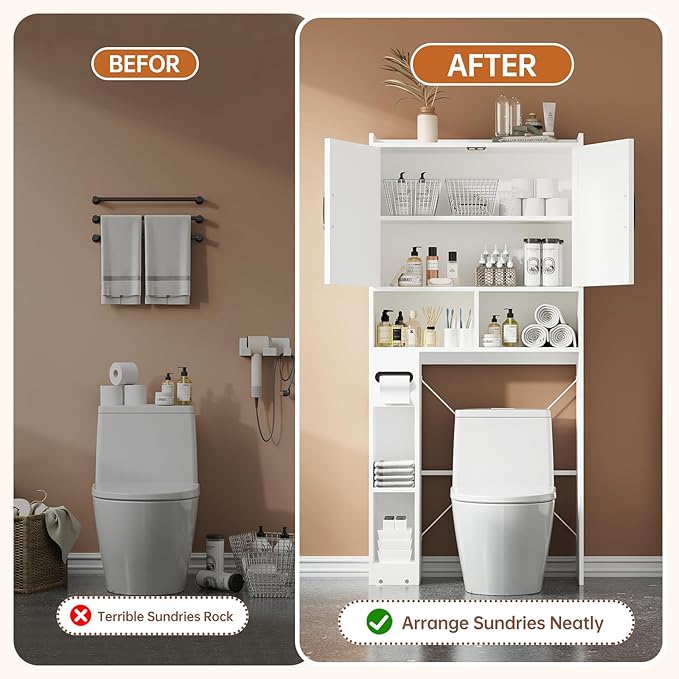 FURSUN 32" Extra Wide Over The Toilet Storage Cabinet, 7-Tier Bathroom Organizer with Metal Frame & Barn Doors, Space-Saving Farmhouse Toilet Shelf with Paper Holder & Adjustable Shelves, White