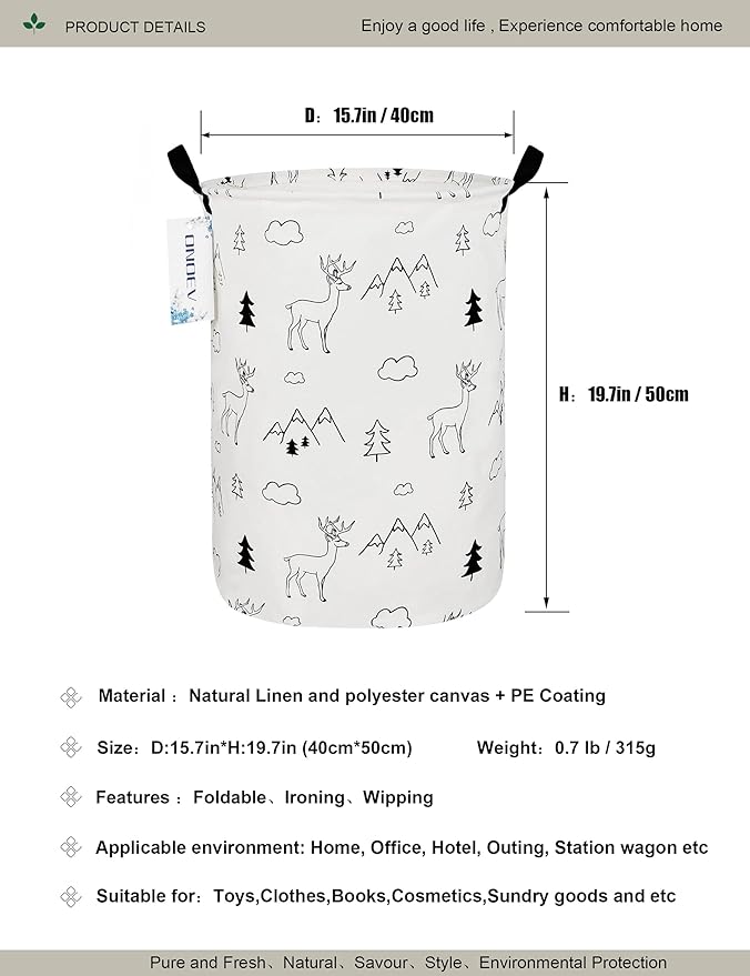 Round Fabric Storage Bin,Decorative Basket,Organizer Basket with Handles,for Clothes Storage,books and sundries(Forest deer), 19.7inch(H) x 15.7inch(D)