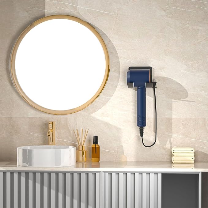Hair Dryer Holder, Blow Dryer Holder Wall Mounted Hair Tool Organizer Self Adhesive Hair Dryer Holder Wall Mount, Compatible for Dyson Hair Dryer Holder for Bathroom Black PTALSEAW