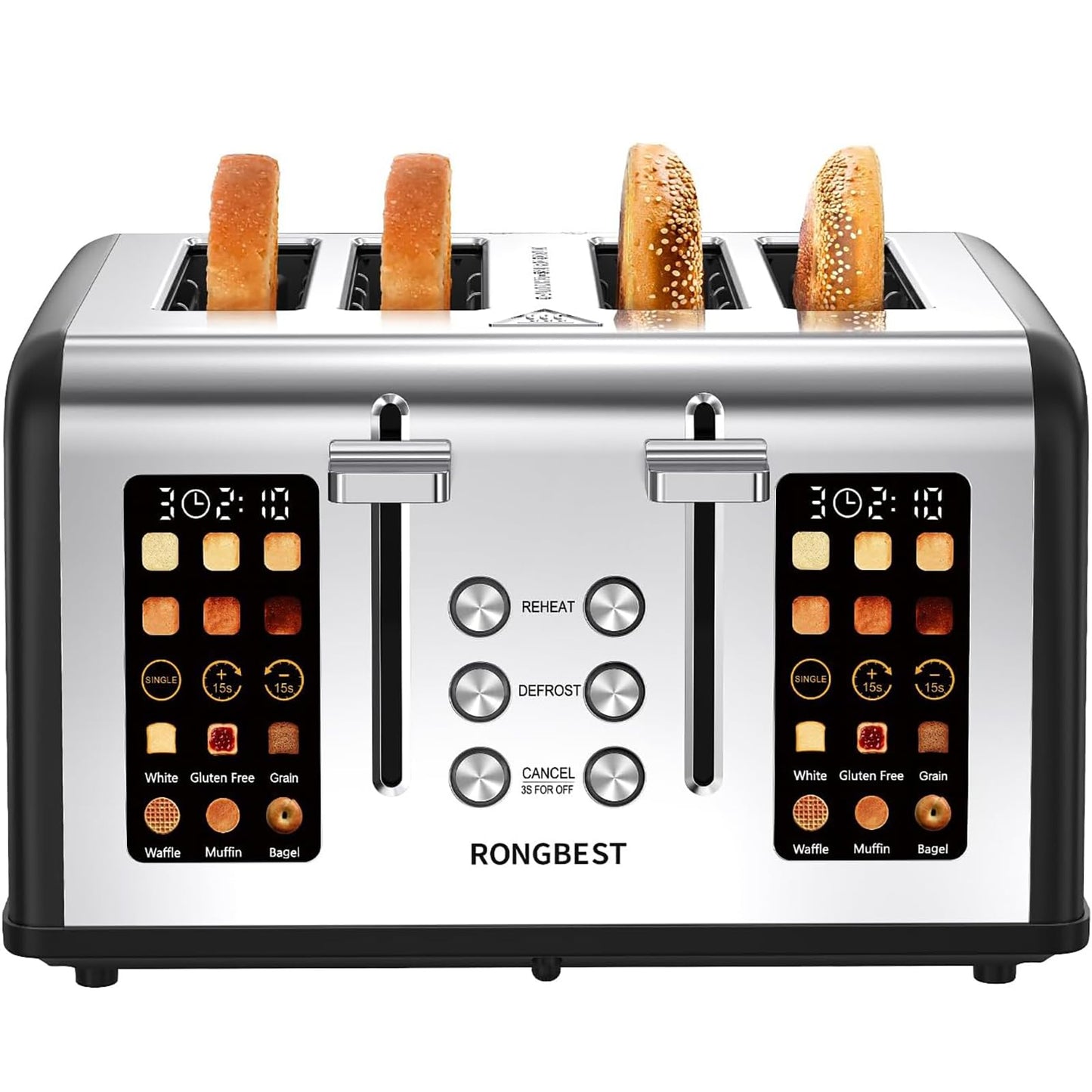4 Slice Touch Screen Toaster with Wide Slots Stainless Steel Digital Toasters for Family Breakfast, Even Toasting for Bagel & Bread, Reheat Defrost Cancel, Removable Crumb Tray, Silver
