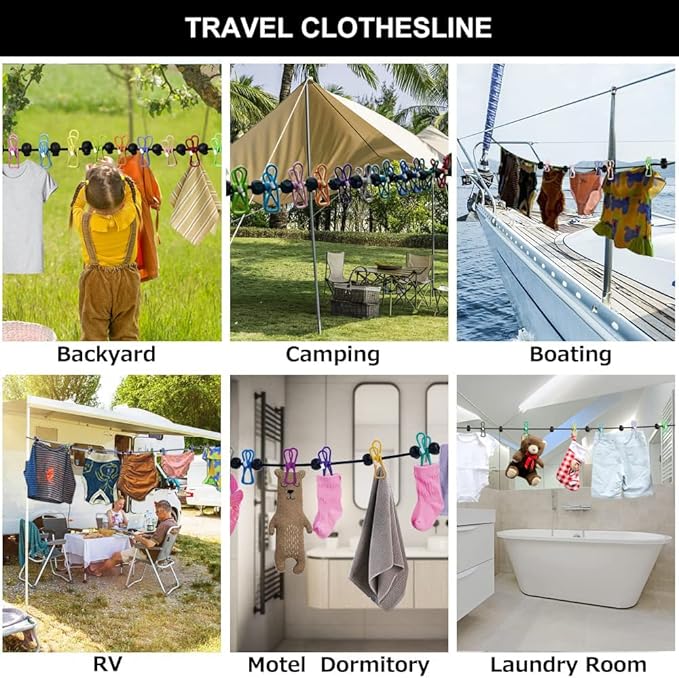 Retractable Portable Clothesline for Travel，Clothing line with 12 Clothes Clips，for Indoor and Outdoor Laundry Drying line，Outdoor Camping Accessories (2 Pack)