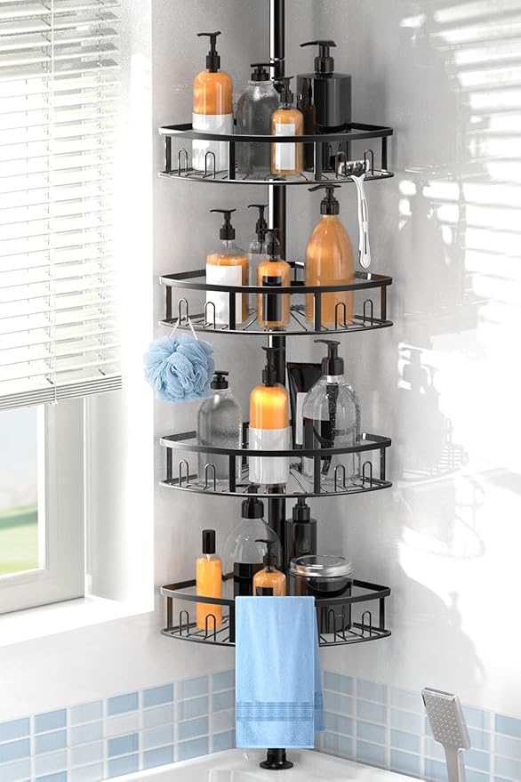 4-Tier Rustproof Corner Shower Caddy with Tension Pole, 42-115 Inch Adjustable Height Shower Organizer, Shower Shelves with Hooks, Freestanding Bathroom Organizer - Black