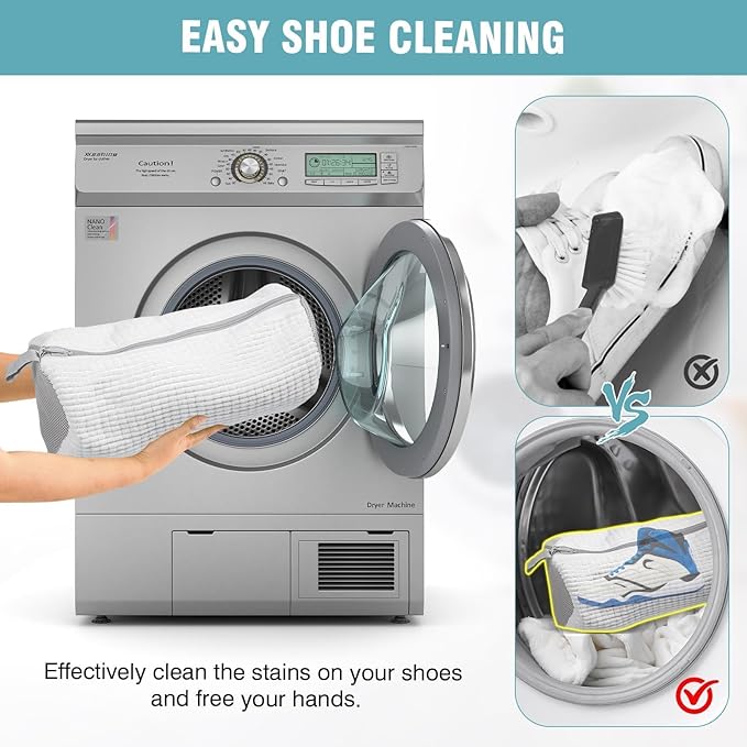 Shoe Washing Machine Bag, Shoe Laundry Bag for Washer and Dryer, Include Dry Net Bag, Reusable and Durable Zipper with Hook Design, Shoe Washing Bag for Sneaker (White, 2 Pack)