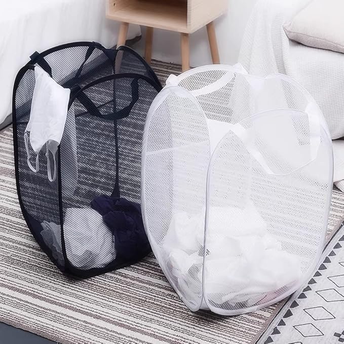 BATTOO Deluxe Strong Mesh Pop up Laundry Hamper Basket with Side Pocket Foldable Hamper for Laundry Room, Bathroom, Kids Room, College Dorm or Travel White + White