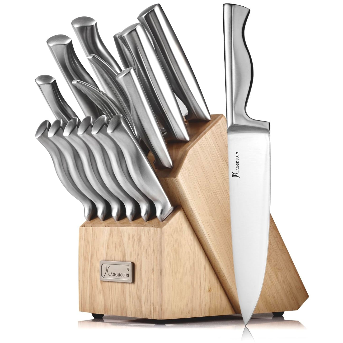 Kangdelun 15-Piece Ultra Sharp Kitchen Knife Set with Wooden Block, Exclusive Ergonomic Anti-Slip Handle, High-Carbon 50CR15MOV Steel, Angled Design, Natural Wood Block