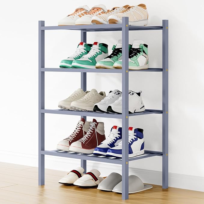 Smiry Shoe Rack, 4 Tier Small Bamboo Shoe Organizer, Stackable Free Standing Wooden Shoe Storage Shelf for Closet, Entryway, Front Door Entrance, Grey