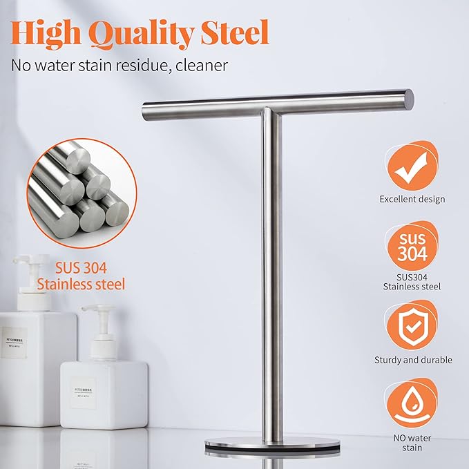 Bath Hand Towel Holder Standing, 13 Inch T-Shape Towel Bar Rack Stand, SUS304 Stainless Steel Brushed Finish,Tower Bar for Bathroom Kitchen Vanity Countertop
