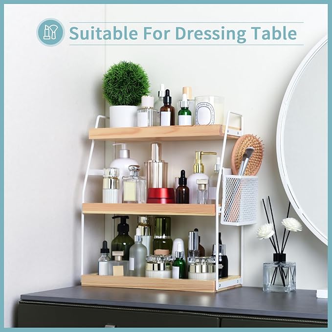 Bathroom Counter Organizer, 3-Tier Standing Storage Shelf with Basket, Wood Tray for Skincare Vanity Organizer(White)