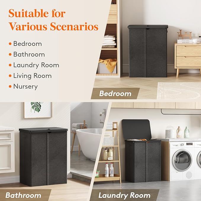 Lifewit 165L Large Laundry Basket with Lid, Laundry Hamper with Plastic Handles and Removable Bag, Foldable Tall Dirty Clothes Hampers for Laundry for Laundry Room, Bedroom, Bathroom, Dorm, Dark Gray