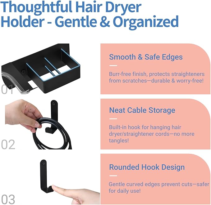 Hair Dryer Holder Wall Mounted, Hair Tool Organizer Wall Mount for Bathroom, Stainless Steel Hair Dryer Holder, Blow Dryer Holder Adhesive/Drilling Hair Dryer and Straightener Holder Black UEMUSI