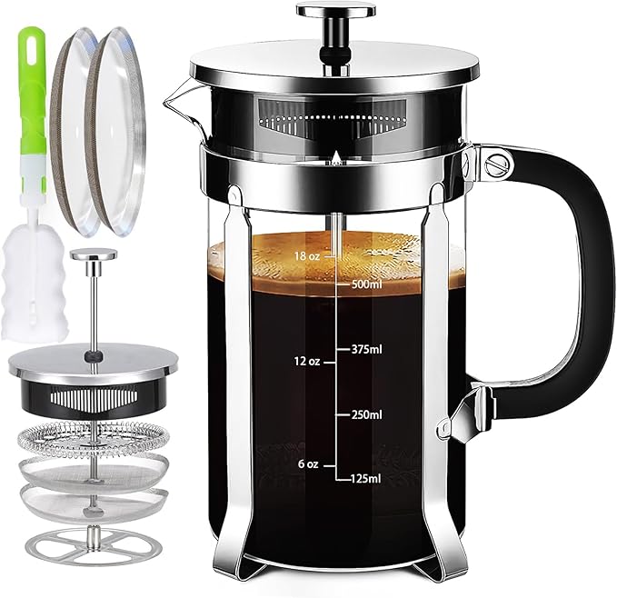 YMMIND 34 Ounce French Press Coffee Maker, 5-Cup Espresso Coffee Maker, Grey Cold Brew Heat Resistant Thickened Borosilicate Coffee Pot with 4 Stainless Steel Filter Screens