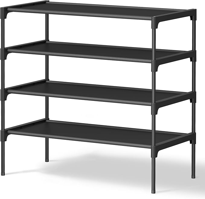 SONGMICS Shoe Rack, 4-Tier Shoe Storage Organizer, Space-Saving, 11.7 x 24.5 x 27.7 Inches, Entryway, Metal Frame, Non-Woven Fabric Shelves, Ink Black ULSH024BH01