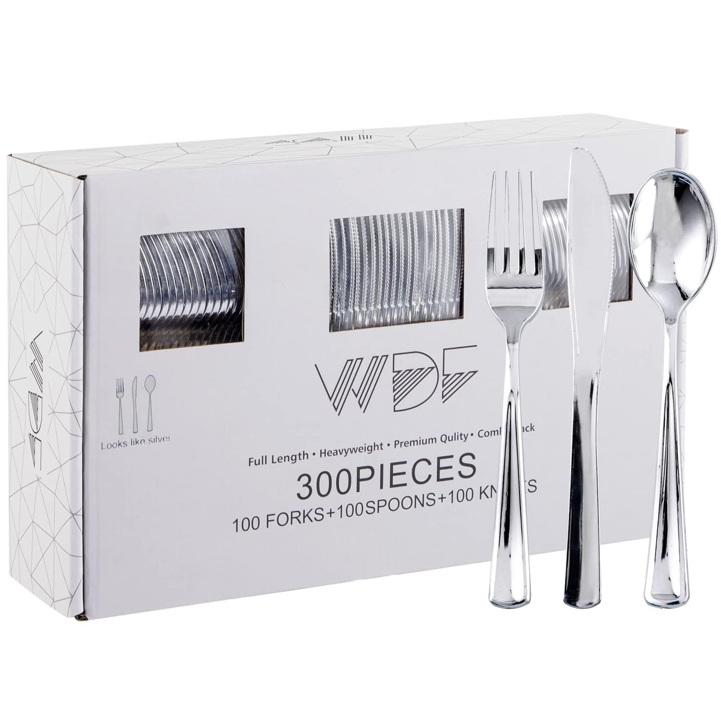 WDF300 Pieces Gold Plastic Silverware - Heavy Duty Disposable Cutlery Set Plastic Gold Silverware Set Includes 100 Forks, 100 Spoons, 100 Knives for Party/Baby Shower/Wedding/Birthday