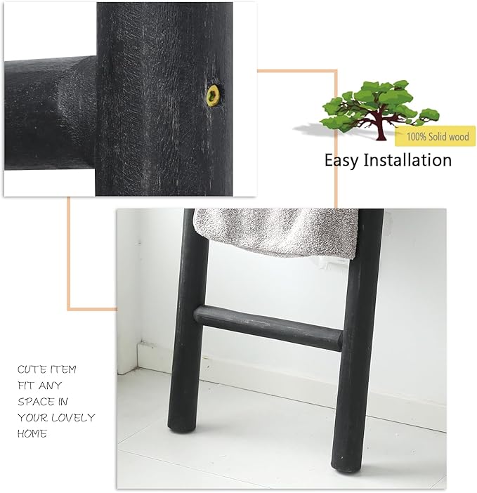 FUIN 57in Wood Blanket Ladder Living Room Decorative Wall Leaning Farmhouse Quilt Display Holder Rustic Wooden Towel Rack for Bathroom, Black