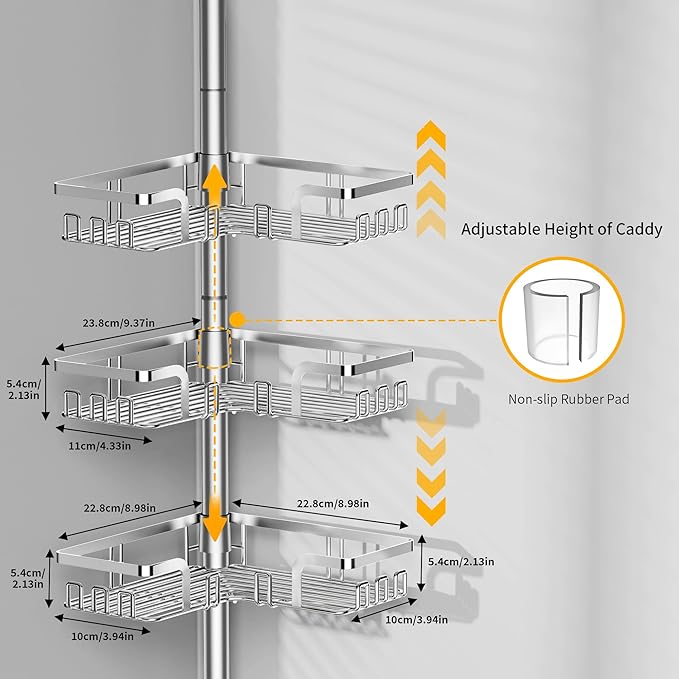 Shower Caddy Corner for Bathroom, Tension Pole, Adjustable 25in-114in Floor to Ceiling, Standing Shower Tension Rod Organizer, 4 Tier Storage Shelves with 2 Soap Holders/Hanging or Adhesive, Silver
