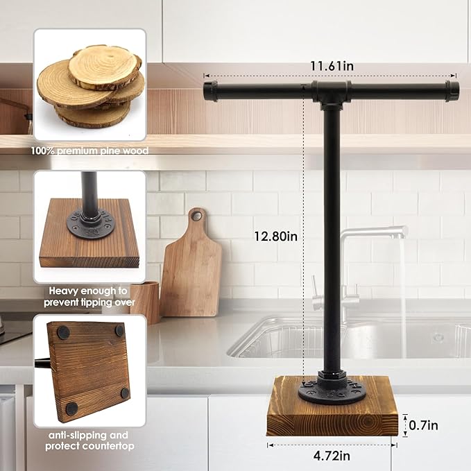 Hand Towel Holder, T-Shape Height 13'' Black Hand Towel Holder Stand, Free Standing Hand Towel Holder for Bathroom Countertop, Rustic Brown, TH006