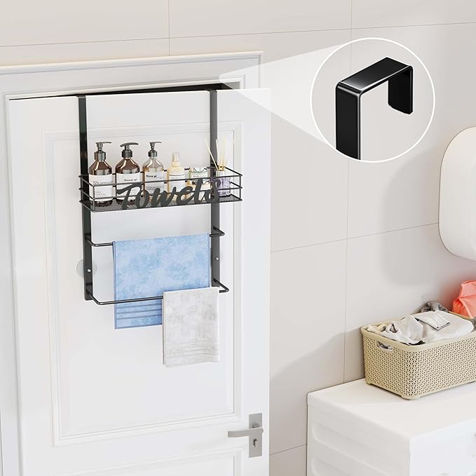 SWTYMIKI SWTYMIKI Over The Door Towel Racks for Bathroom - 5-Tier Wall Mounted Bathroom Towel Storage Organizer Holder with Metal Shelf (3 Tier-Black)