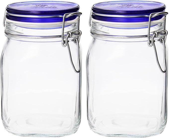 Bormioli Rocco Fido Glass Canning Jars, Blue Lids – 67.75 oz Airtight Containers with Clamp Lock Canisters for Preserving Vegetables, Sauces & Cooking “Au Bain-Marie” – Dishwasher Safe (Set of 2)