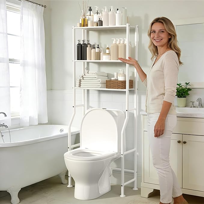 3-Tier Over The Toilet Storage, Freestanding Metal Bathroom Shelves, Space Saver Above The Over Toilet Storage Shelf for Bathroom (White)
