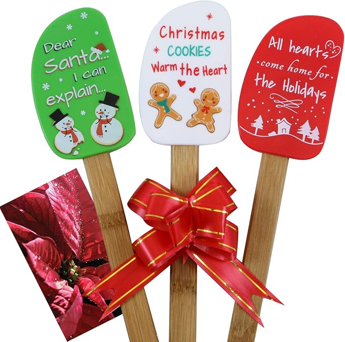 3 Piece Fun Silicone Spatula Gift Set with lovely bow and photo gift card. Easy clean, durable, high temperature and stain resistant. Bamboo handles. Great for gifts, baking, cooking, sauteing.