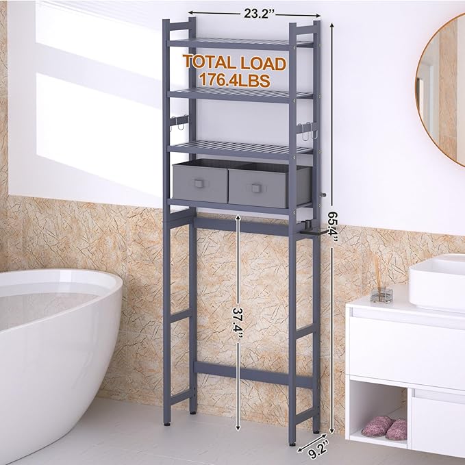 Over The Toilet Storage with 2 Baskets, 4-Tier Bamboo Organizer Rack with Paper Holder & 4 Hooks & Waterproof Feet Pad,Freestanding Shelf for Bathroom(Grey)
