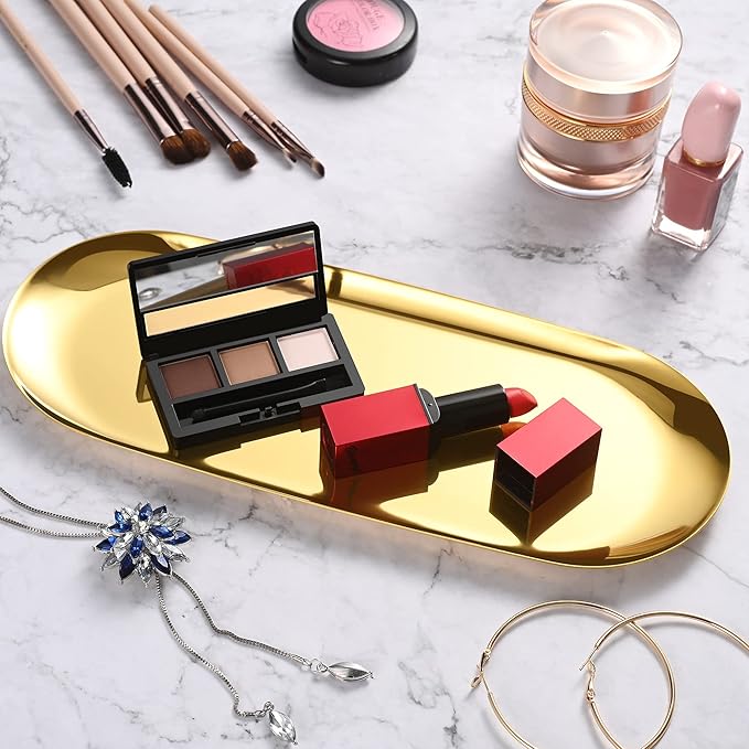 Gold Oval Vanity Tray, Stainless Steel Jewelry Tray, Bathroom Tray, Makeup Cosmetic Trays,Towel Napkin Tray, Storage Organizer,11.8 x 4.8 inches (LxW), Large