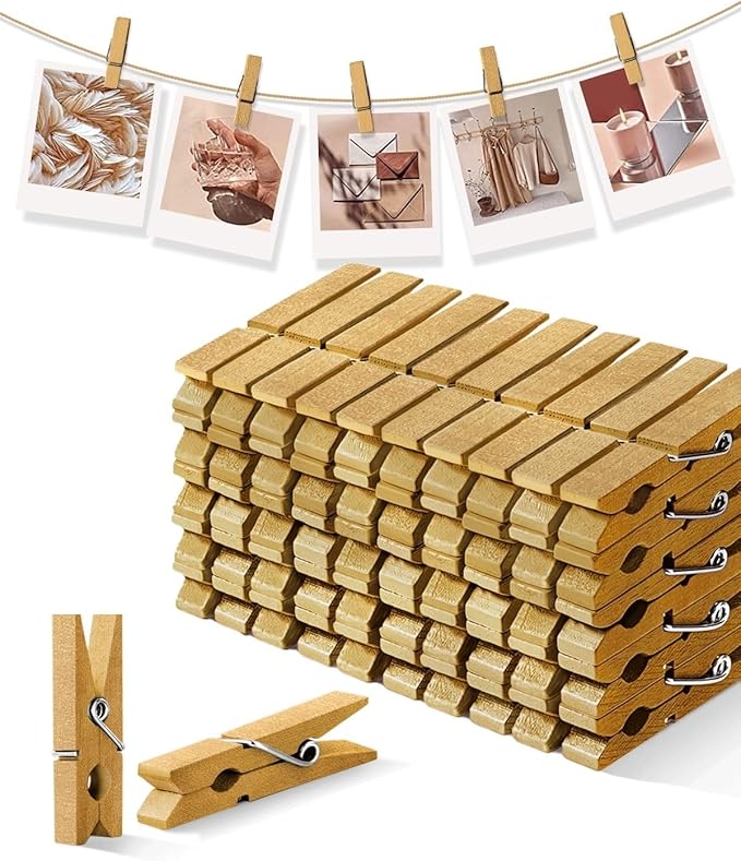 Mini Clothes Pins Wooden Colored Small Clothespins for Photo 1.4 Inch 50 PCS Gold, Tiny Clips Close Pin for Baby Shower Classroom Crafts Project Decorations Hanging Pegs