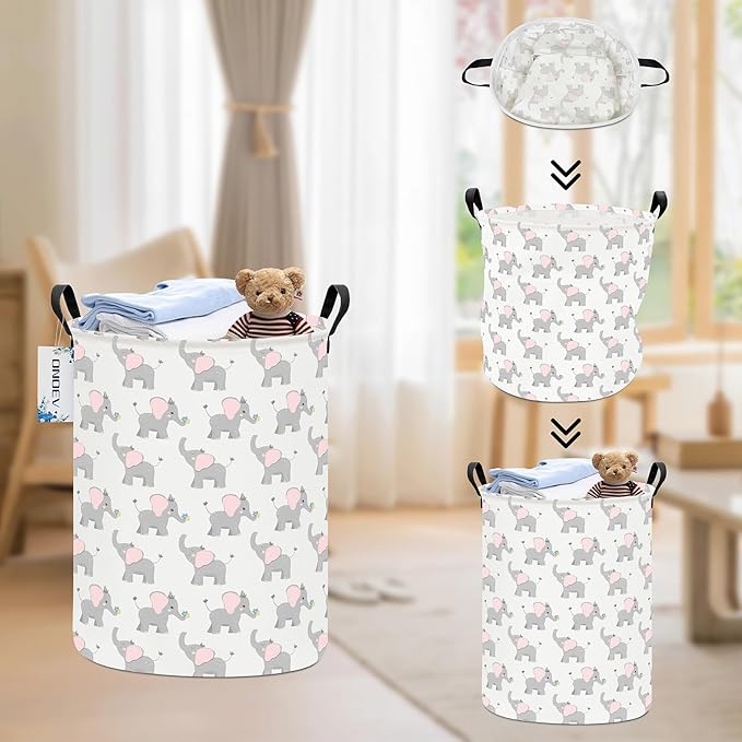 Round waterproof laundry basket,laundry Hampers with handle,gift basket,suitable for children's room and toy storage (Elephant calf)