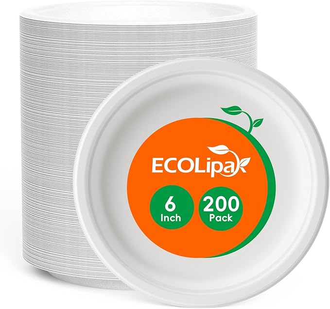 ECOLipak 150 Pack 10 inch Compostable Disposable Paper Plates for Party